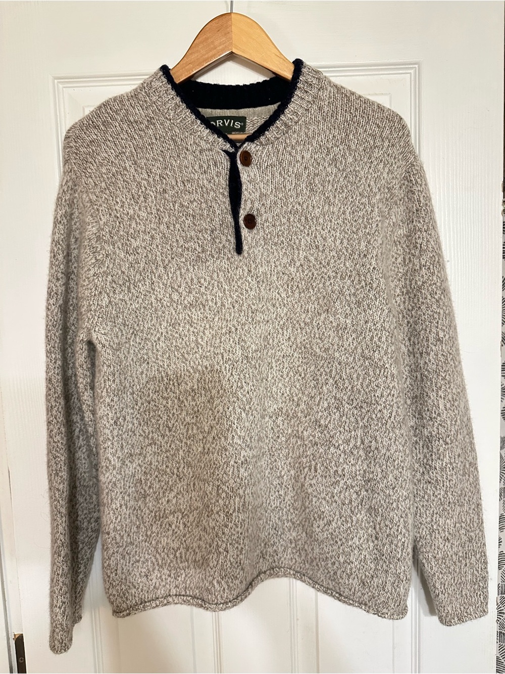 Orvis Mens Wool Blend Chunky Henley Sweater M Oatmeal Gray Gorpcore Cabincore